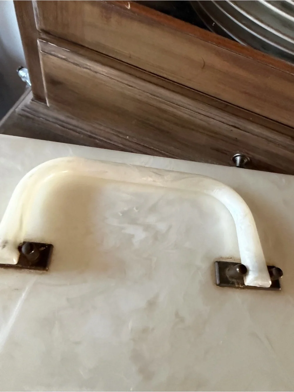 Vintage lucite plastic Pearl White Jewelry/makeup  Box with Brass Latch